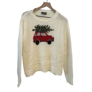 Wooden Ships Christmas Tree Car Sweater Women XS Cream Mohair Wool Knit